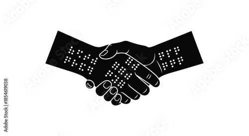A symbolic illustration of two hands shaking textured with braille dots a powerful silhouette