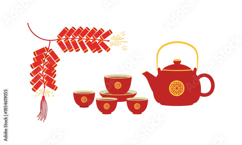 Chinese New Year Bundle with Tea Set and Red Firecrackers Vector