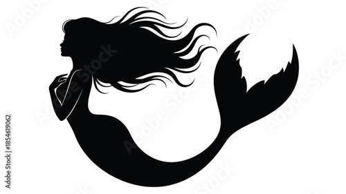 Elegant mermaid with flowing hair and tail a striking black silhouette