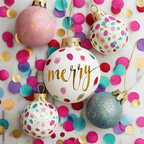 Colorful baubles with joyful dots and merry wishes.  Christmas and New Year festive concept.