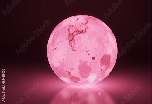 A luminous ethereal sphere with intricate marbling patterns glowing in vivid pink hues against a reflective dark background, resembling a celestial body or artistic sculpture.