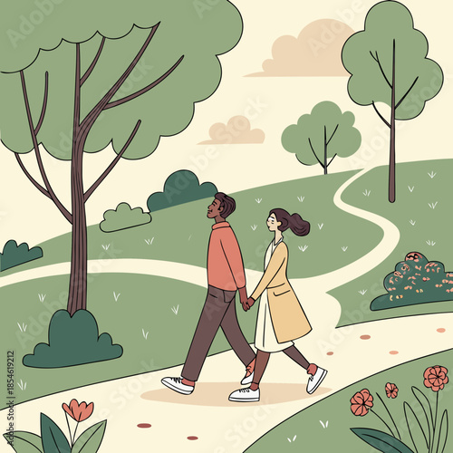 Young couple walking hand in hand on a path through park 