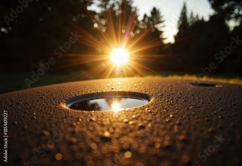 Radiant Sunrise Reflections on Dew-Covered Surface Revealing Nature's Daily Renewal Against a Forest Backdrop