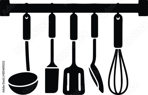 Silhouette Hanging Kitchen Utensils Cookware Spatula Whisk Ladle Home Kitchen Tools Set Vector Illustration