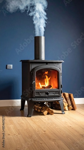 Burning stove with rising smoke indoors