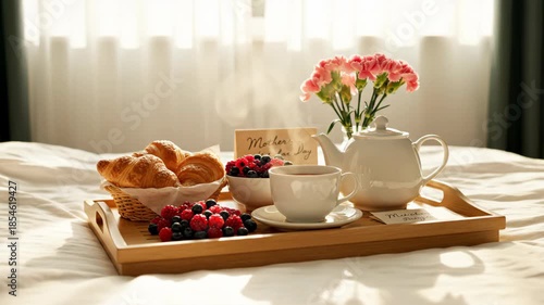 Wallpaper Mural Breakfast in bed with croissants, berries, tea, and flowers, along with a Mothers Day card, for a morning celebration. Torontodigital.ca