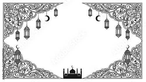 Elegant Islamic Frame with Ornate Lanterns, Crescent Moons, and Mosque Silhouette decoration for