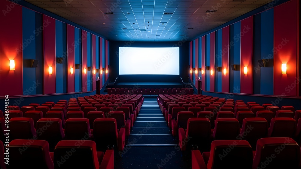 Fototapeta premium A dimly lit movie theater with red seats and blue walls