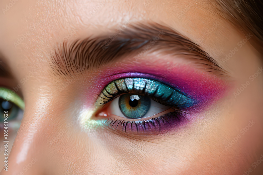 Obraz premium Close-Up of a Woman's Eye with Vibrant and Colorful Makeup Application Showcasing Intricate Details and Bold Colors for a Striking and Expressive Look