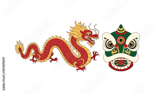 Set Bundle Chinese New Year dragon and lion dance head celebration