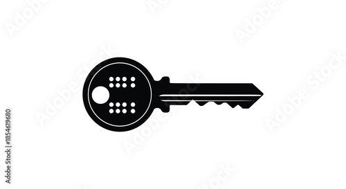 A simple black and white depiction of a classic house key in the form of a silhouette