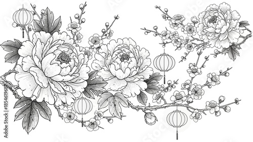 Elegant floral arrangement featuring peonies, plum blossoms, and traditional lanterns in monochrome