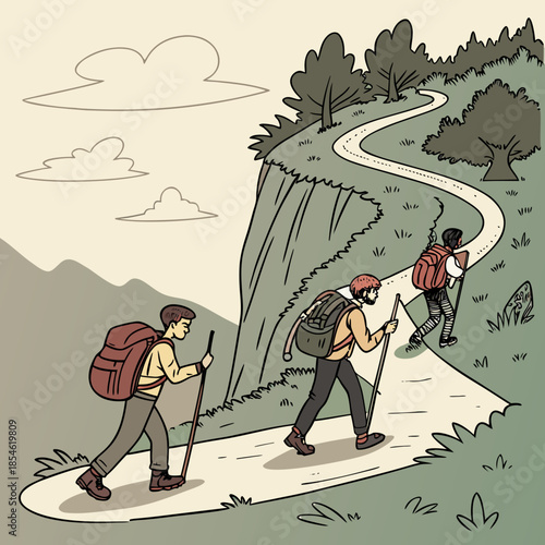 Three hikers trekking along a winding mountain trail in nature  