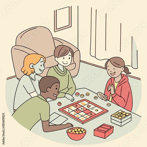 Children playing board game together in living room with smiles  