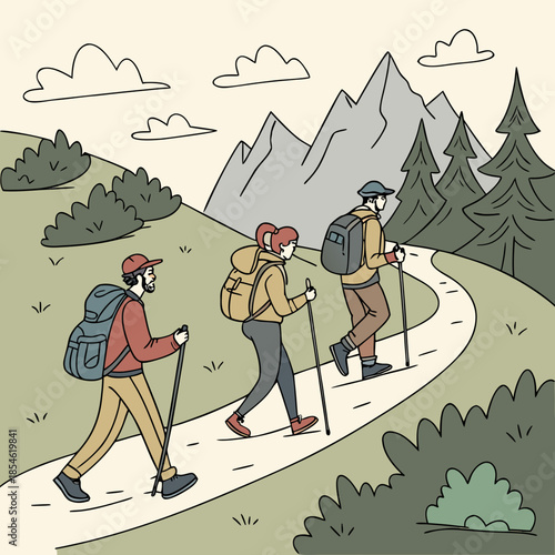 Three hikers walking on a trail through mountains and trees  