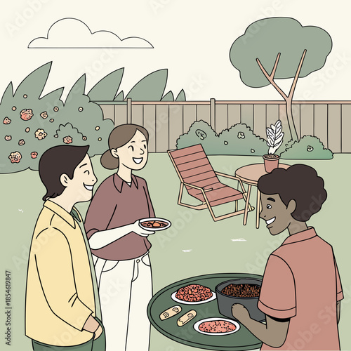 Friends enjoying barbecue together in backyard with greenery  