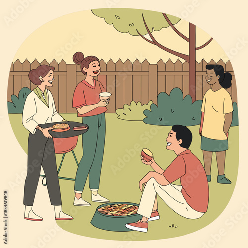 Group of friends enjoying barbecue in backyard on sunny day  