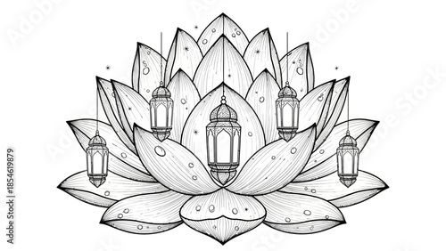Elegant lotus flower adorned with intricate lanterns for a serene spiritual aesthetic