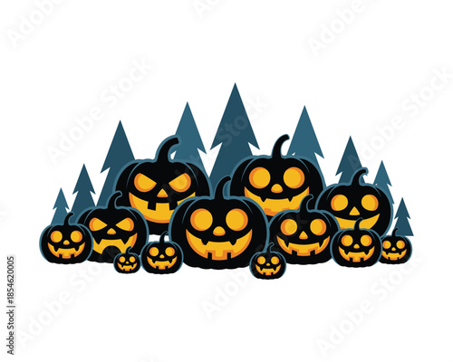 Group of carved halloween pumpkins in front of trees