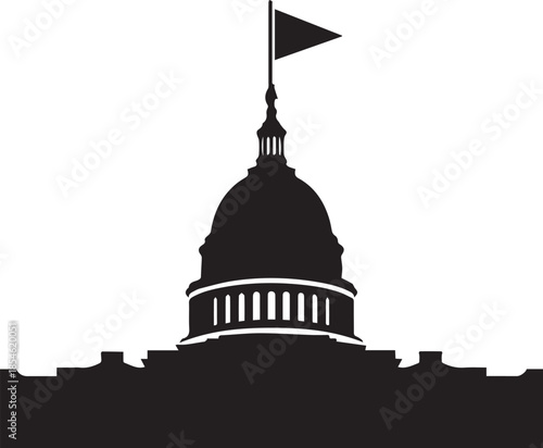 Silhouette of a government building with a dome and flag