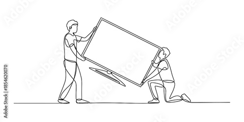 Two men moving or installing a large flat screen television, single line drawing. Vector, illustration