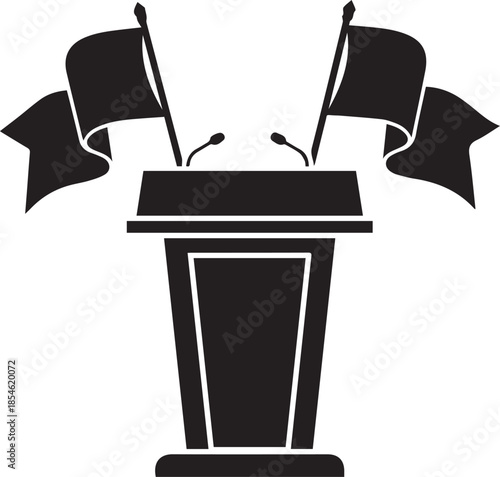 Podium with flags and microphones for political speech or debate
