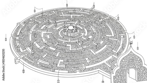 Intricate Black and White Labyrinth Illustration with Dome Structure and Hanging Lanterns Offering
