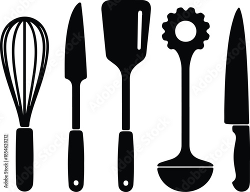 Silhouette Kitchen Utensils Set Chef Cooking Tools Spatula Whisk Knife Ladle Vector Illustration