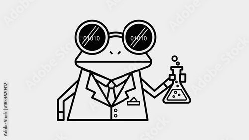 Funny frog scientist with glasses and binary code eyes holding a flask illustration