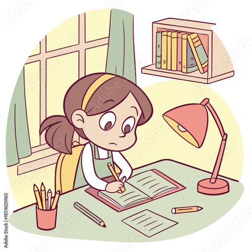 Young girl studying at desk under lamp with books in background  