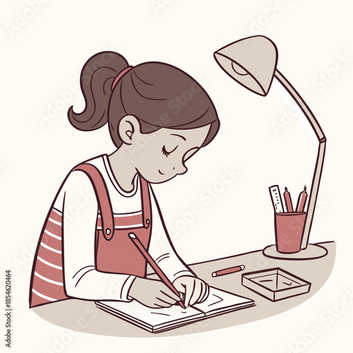 Young girl studying and writing notes at a desk with lamp  