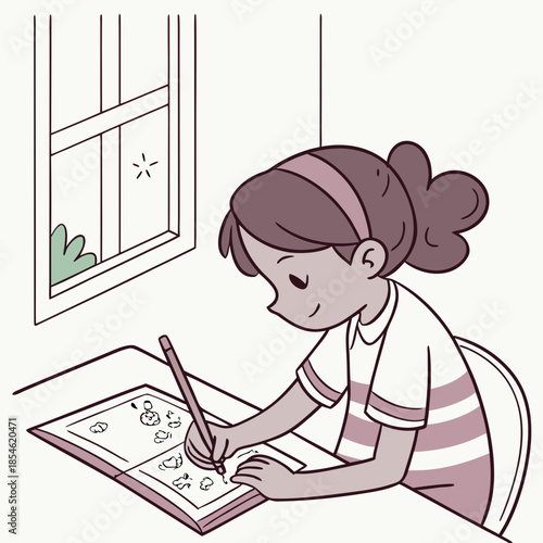 Young girl drawing in sketchbook by window indoors  