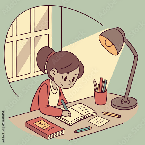 Young girl studying and writing notes at desk under lamp  