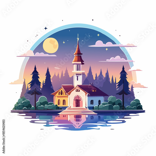 Whimsical illustration of a church by a lake under a moonlit sky.