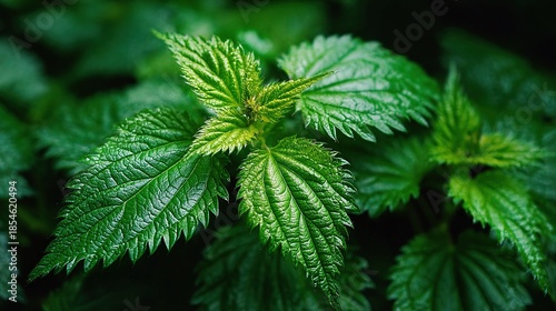 Macro close-up of vibrant green stinging nettle shoots covered in fine glassy stinging hairs, glistening with morning dew, set against a softly blurred garden backdrop