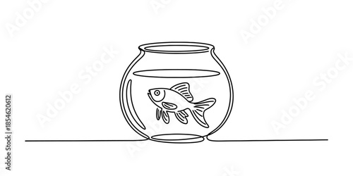 Continuous line art illustration of a goldfish swimming in a round glass fishbowl Vector, illustration