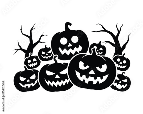 Black and white illustration of multiple carved jack o lanterns with trees
