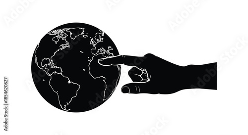 A hand gently points towards the globe showcasing earth s continents in a dark silhouette
