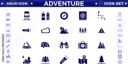 Adventure and trekking solid icon set. Included the icons as view, nature, camping, mountain, forest, backpacking, travel, sunset, and more.
