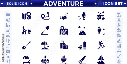 Adventure and trekking solid icon set. Included the icons as view, nature, camping, mountain, forest, backpacking, travel, sunset, and more.
