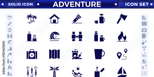 Adventure and trekking solid icon set. Included the icons as view, nature, camping, mountain, forest, backpacking, travel, sunset, and more.
