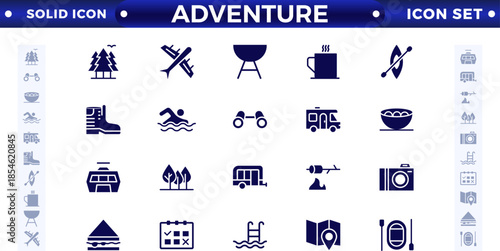 Adventure and trekking solid icon set. Included the icons as view, nature, camping, mountain, forest, backpacking, travel, sunset, and more.
