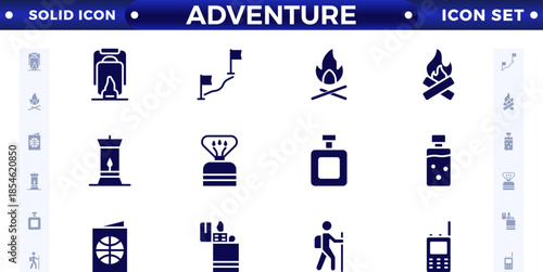 Adventure and trekking solid icon set. Included the icons as view, nature, camping, mountain, forest, backpacking, travel, sunset, and more.
