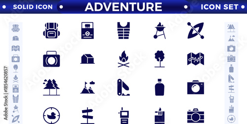 Adventure and trekking solid icon set. Included the icons as view, nature, camping, mountain, forest, backpacking, travel, sunset, and more.
