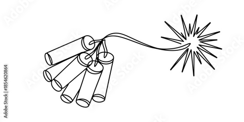 A black and white line drawing illustration of firecrackers with a sparking fuse Vector, illustration