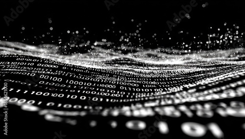 Binary code flowing like waves, with particles; black background