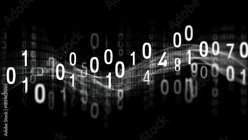 Abstract black and white graphic with floating binary digits in a wavy, blurred pattern