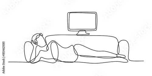 Single continuous line drawing of a person relaxing on a sofa watching tv Vector, illustration