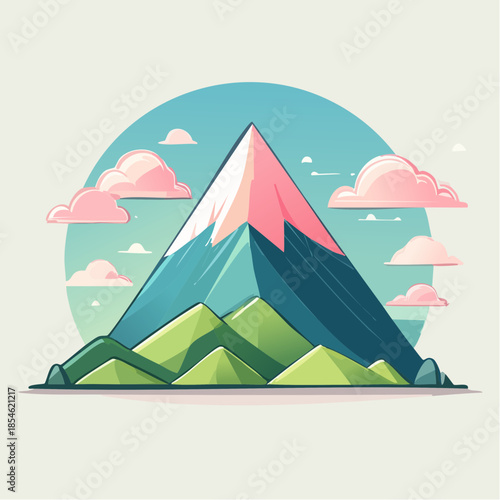 Wallpaper Mural Stylized mountain illustration with pink snow-capped peak and green foothills against a blue sky with clouds. Torontodigital.ca