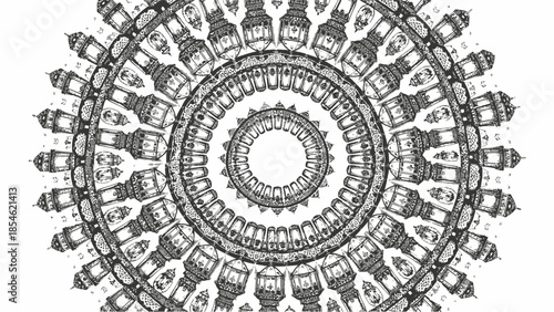 Intricate mandala pattern featuring traditional lanterns arranged in a circular design creating a